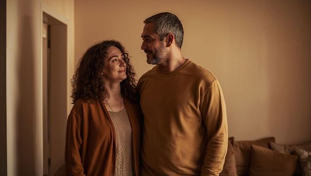 Mature couple sharing tender moment in cozy neutral-toned living room