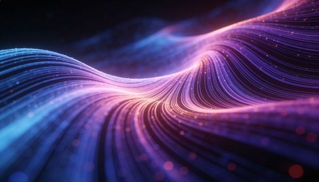 Neon energy wave flowing through digital filament landscape with glowing bokeh motion