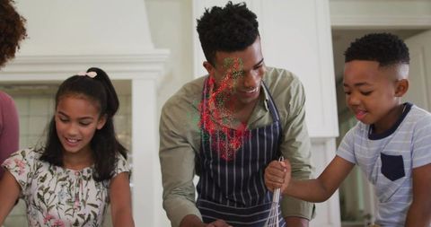 Father guiding kids cooking together in bright kitchen whisking and learning at counter