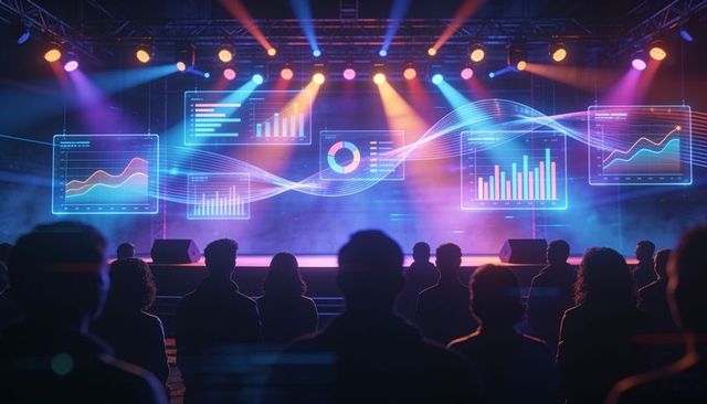 Silhouetted audience watching dynamic holographic data visualizations on illuminated stage
