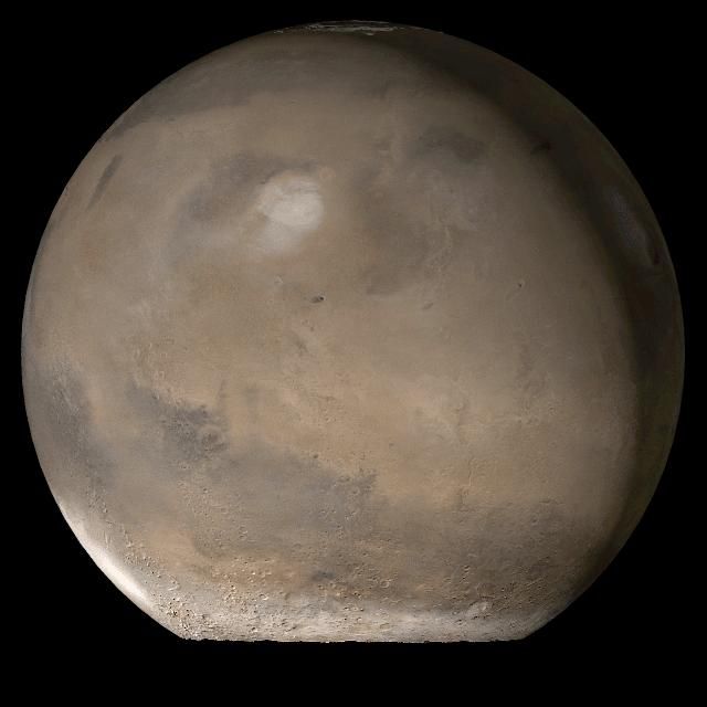 This picture is a composite of Mars Global Surveyor MGS Mars Orbiter Camera MOC daily global images acquired at L<sub>s</sub> 107° of the Elysium/Mare Cimmerium face during a previous Mars year