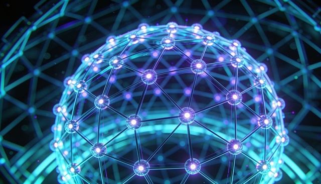 Rotating neon geodesic sphere with glowing nodes and holographic rings
