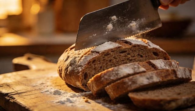 Slicing rustic sourdough loaf with cleaver on wooden board in warm golden light