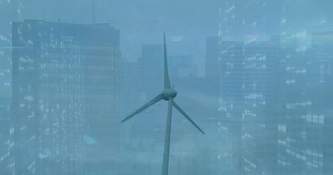 Wind Turbine Amidst City Skyline with Stock Market Graph Overlay