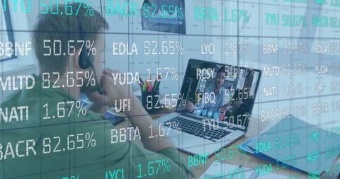Businessman in video call analyzing digital financial data for trading