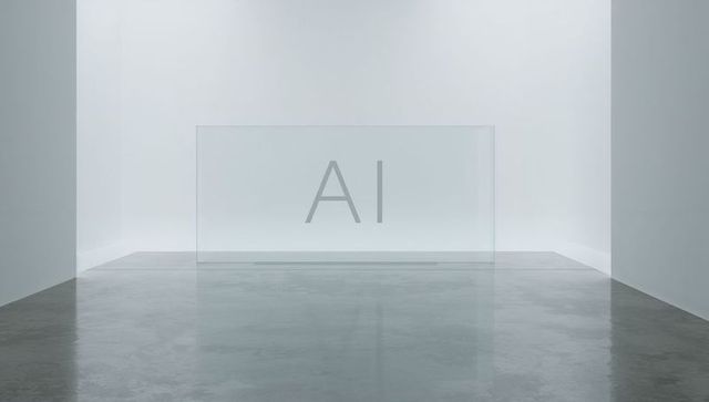 Minimalist Glass Panel Engraved with AI Letters in Gallery with Polished Concrete Floor