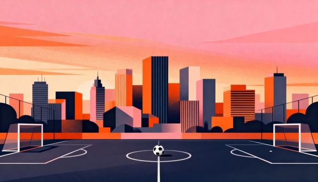 Rooftop soccer pitch at sunset with center ball, glowing goals and stylized urban skyline