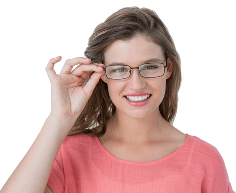 Smiling Woman Touching Eyeglasses on Transparent Background