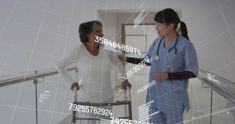 Nurse guiding patient walking with walker in rehab corridor with ar data overlay