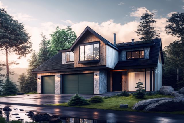 Large suburban house with lighted windows in forest created using generative ai technology. House, builing and architecture concept digitally generated image.