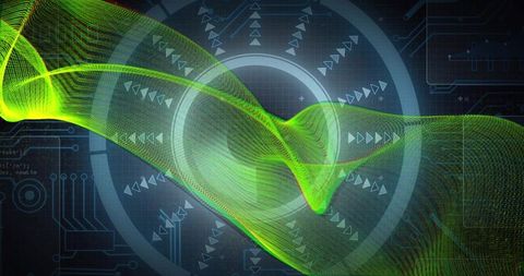 Luminous green mesh wave undulating across futuristic hud interface with neon circuit grid