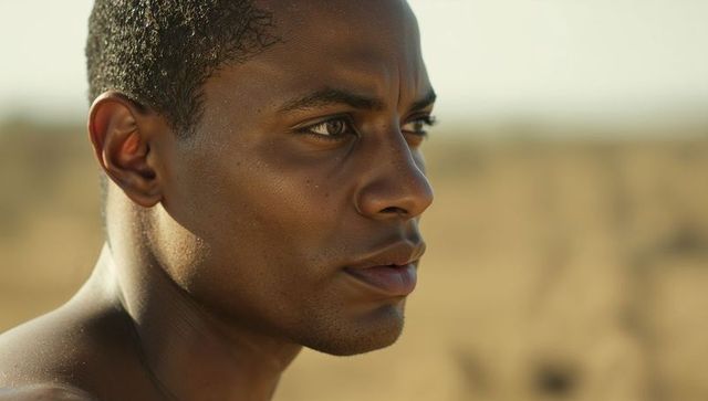 Closeup contemplative shirtless man gazing sunlit desert horizon with chain necklace