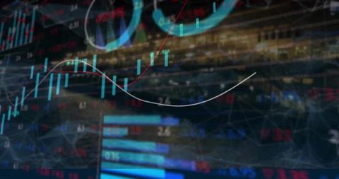 Abstract financial dashboard showing candlestick charts, trend lines and digital network