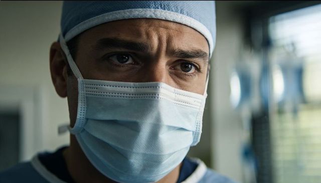 Focused surgeon wearing surgical mask and cap monitoring patient vitals in operating room