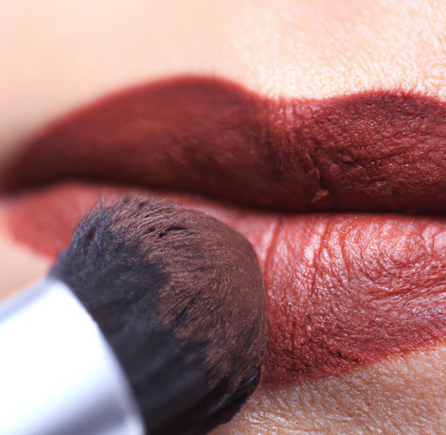 Displaying a close-up view of red lipstick being applied with a makeup brush on a woman's lips. Ideal for use in beauty tutorials, makeup artist portfolios, cosmetic advertisements, and beauty product promotions.