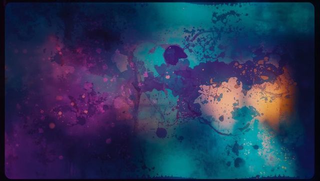 Vibrant abstract paint splatter with textured watercolor ink