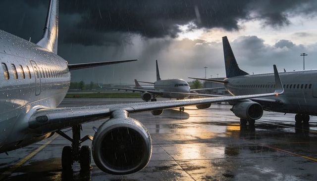 Glistening wet airport apron during stormy sunset showing turbofan engines and rain