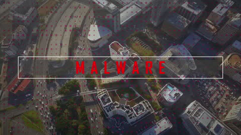 Digital Malware Overlaid on Cityscape Background