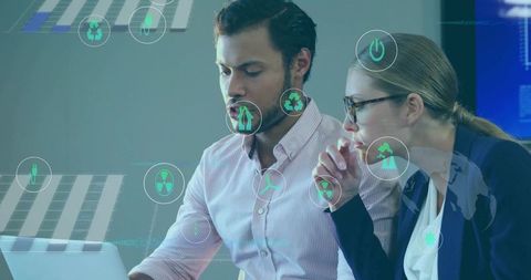 Professionals Analyzing Energy Data with Holographic Graphics