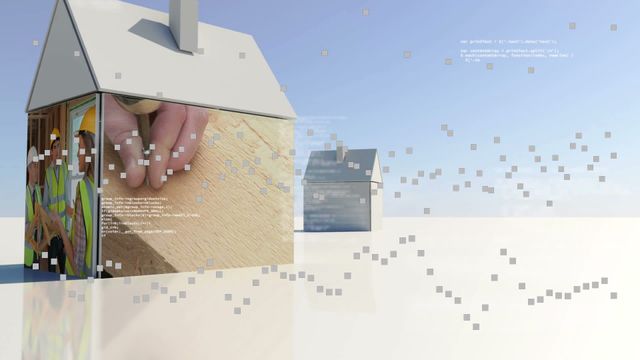 Animation displays digital particles and text overlay with engineers working on house model. Useful for content focused on modern construction techniques, architectural technology, coding in construction, and digital enhancements in building projects.