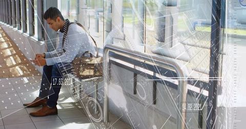 Commuter checking phone on station bench with futuristic hud overlay and data interface