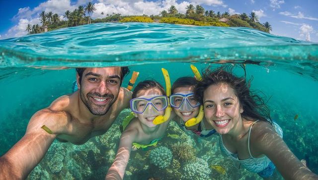 Family Snorkeling Selfie over Vibrant Coral Reef with Tropical Island and Clear Lagoon