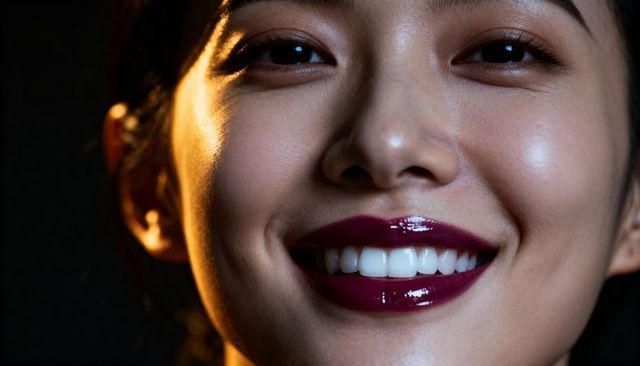 Smiling asian woman wearing glossy dark berry lipstick with warm studio highlights