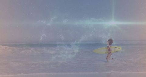 Energetic Surfer Woman with Yellow Surfboard Amidst Starry Sky