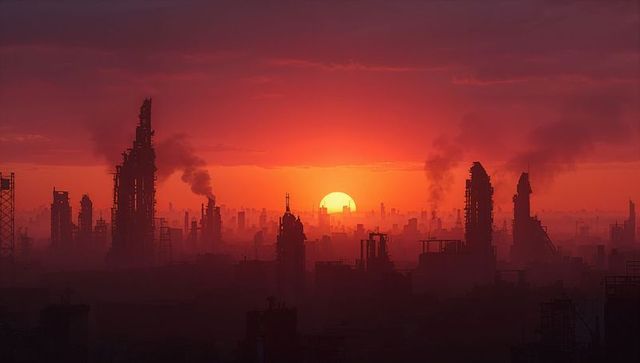 Dystopian Cityscape at Sunset with Smoking Industrial Structures