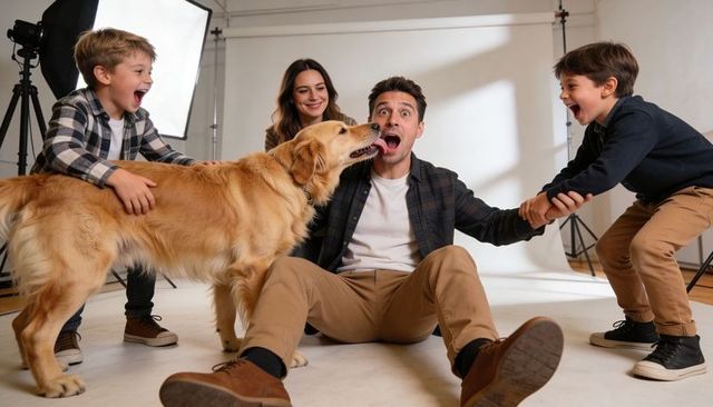 Playful family tugging father while golden retriever nuzzling face in studio portrait