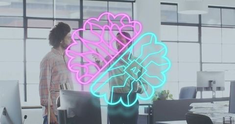 Coworkers discussing AI with neon brain overlay in bright modern office collaboration