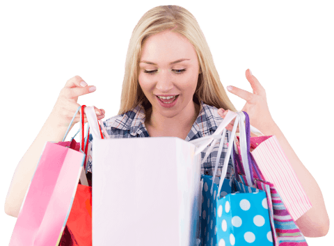 Transparent Shopping Enthusiasm with Blonde Woman and Colorful Bags