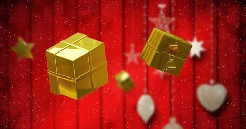 Floating Gold Gift Boxes on Red Christmas Background