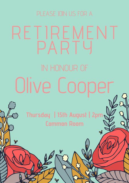 This floral retirement party invitation features vibrant rose illustrations and elegant typography set against a light blue background. Perfect for celebrating someone's milestone retirement, this invitation is eye-catching and sophisticated. Ideal for both personal and professional settings, the design conveys a festive and appreciative tone. Use this invitation template for any retirement celebration event to add a touch of elegance and cheer.