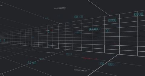 Forming wireframe corridor receding into perspective with holographic hud digits