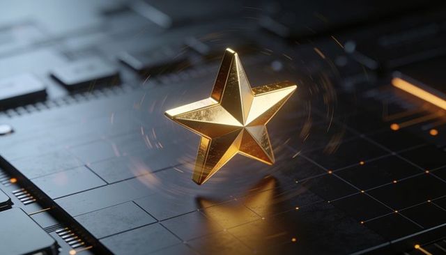 Golden star hovering over futuristic circuit board glowing and emitting orange sparks