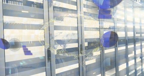 High-Tech Server Room with Digital World Map Overlay