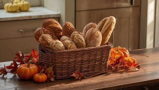 Artisan bread in rustic basket with autumn decor