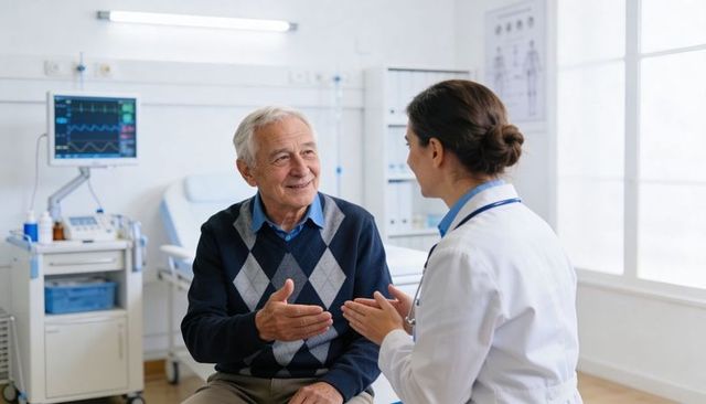 Senior man consulting female doctor in exam room during cardiac checkup, smiling