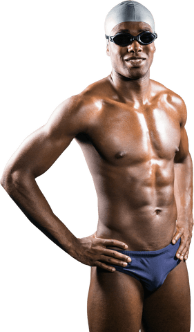 Transparent Confident Male Swimmer Posing with Hand on Hip