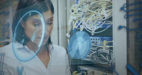 Female Scientist Analyzing Data Server with Digital Interface Overlay