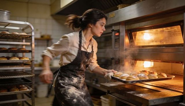 Female baker pulling fresh rolls from deck oven in busy artisan bakery kitchen