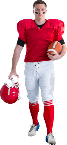 Confident football player holding helmet and ball on transparent background