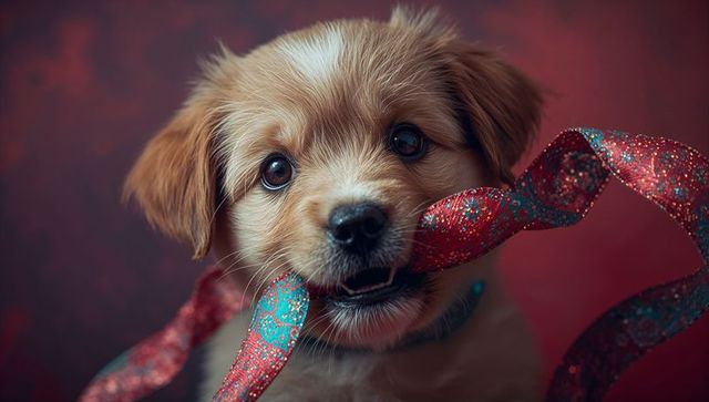 Adorable puppy holding ribbon in festive portrait