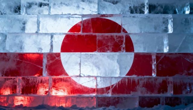 Glowing red and white circle through stacked ice blocks with led backlight