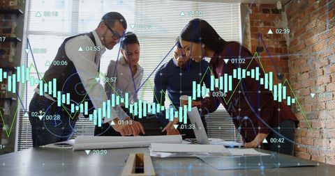 Diverse Team Collaborates on Office Project with Data Analytics Overlay