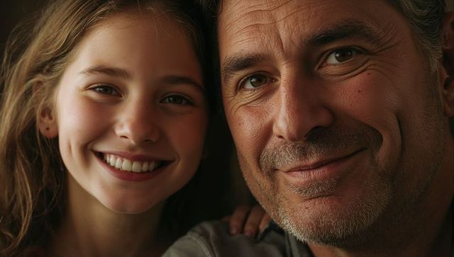 Smiling father and daughter closeup resting hand on shoulder showing tender bond in warm light