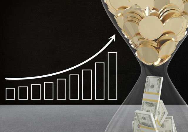 This image depicts an hourglass filled with coins and currency notes against a backdrop of a growth graph. It symbolizes financial growth, investment, and wealth accumulation over time. Ideal for use in financial planning, investment strategies, business finance, and economic growth presentations or articles.