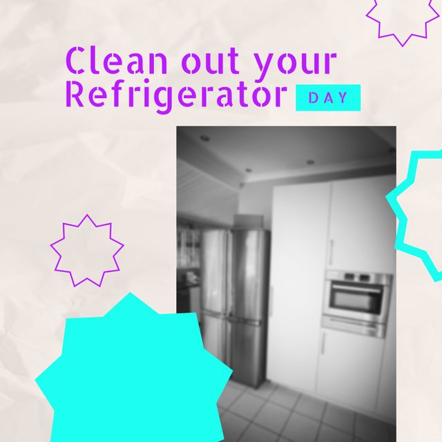Image of clean out you refrigerator day over grey background with stars and fridge. Household, cleaning and food concept.