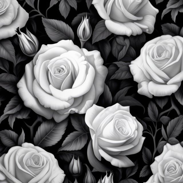 White roses in black and white on black background, created using generative ai technology. Flowers, pattern and nature concept digitally generated image.